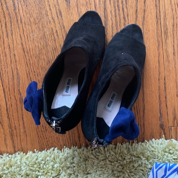 BLACK SUEDE PEEP TOE ANKLE BOOTS, By MIU MIU PRADA - Picture 3 of 5